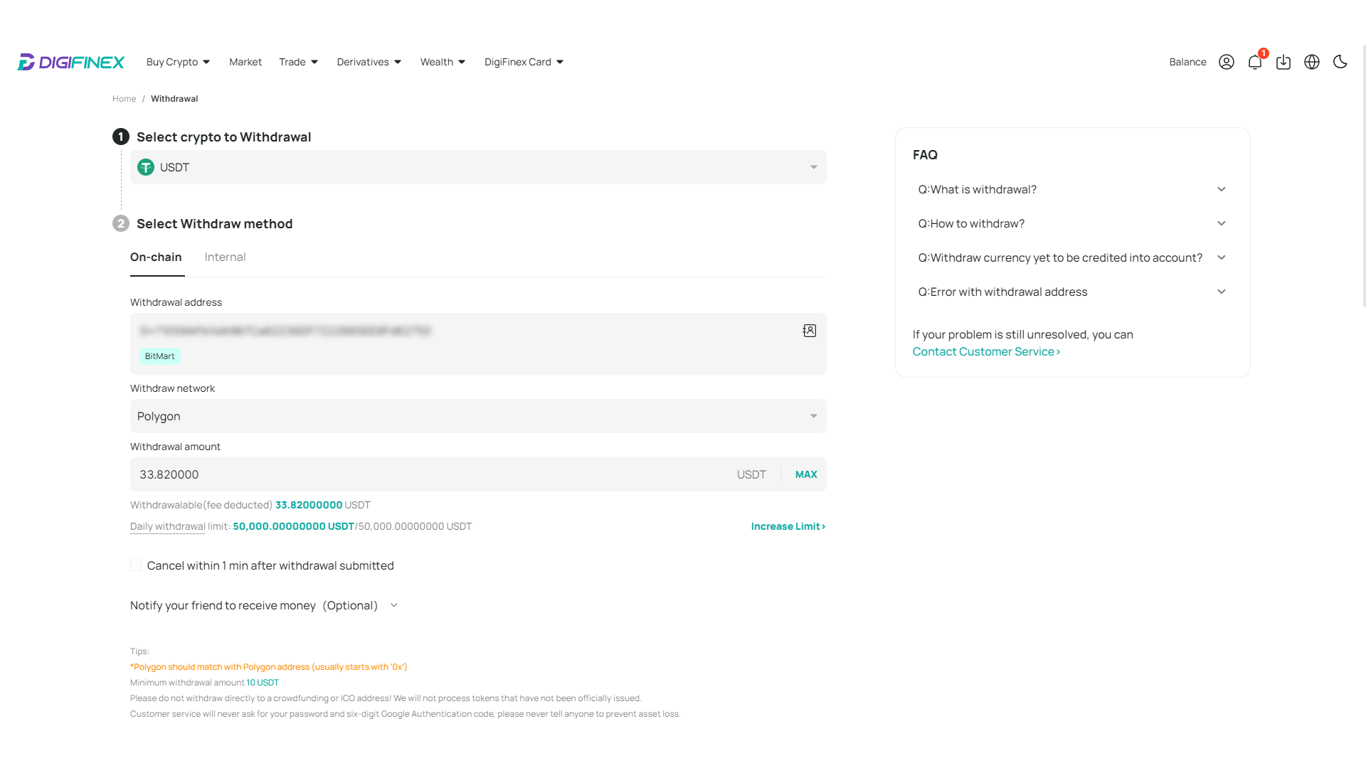 La procedura di prelievo su DigiFinex