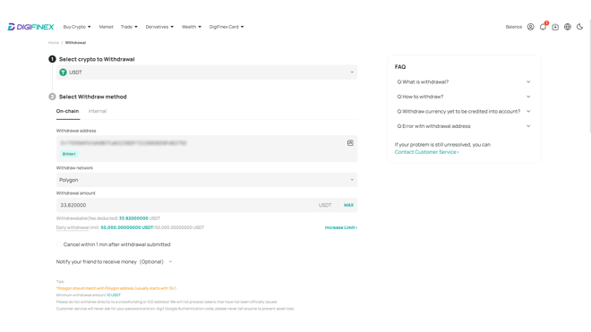 The withdrawal process at DigiFinex