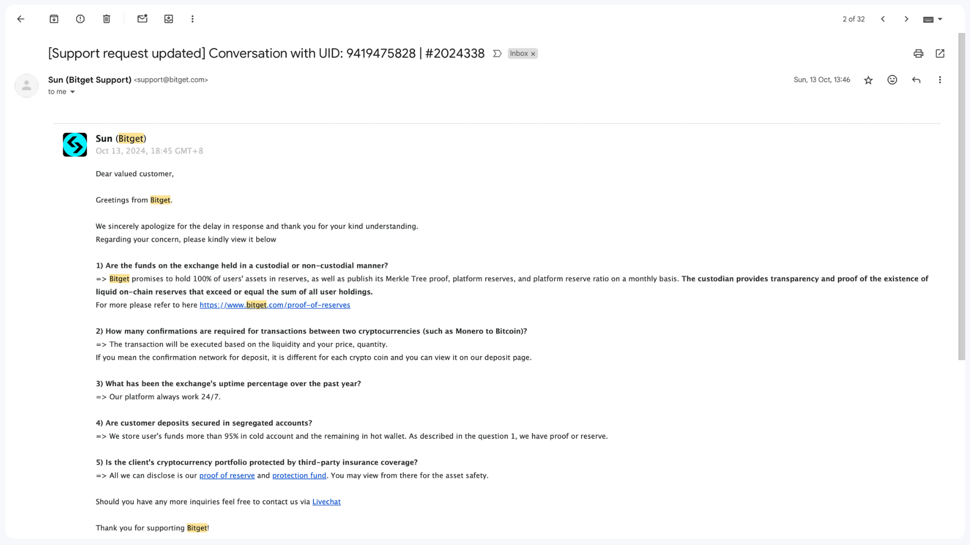 Respuesta por correo del equipo de atención al cliente de Bitget