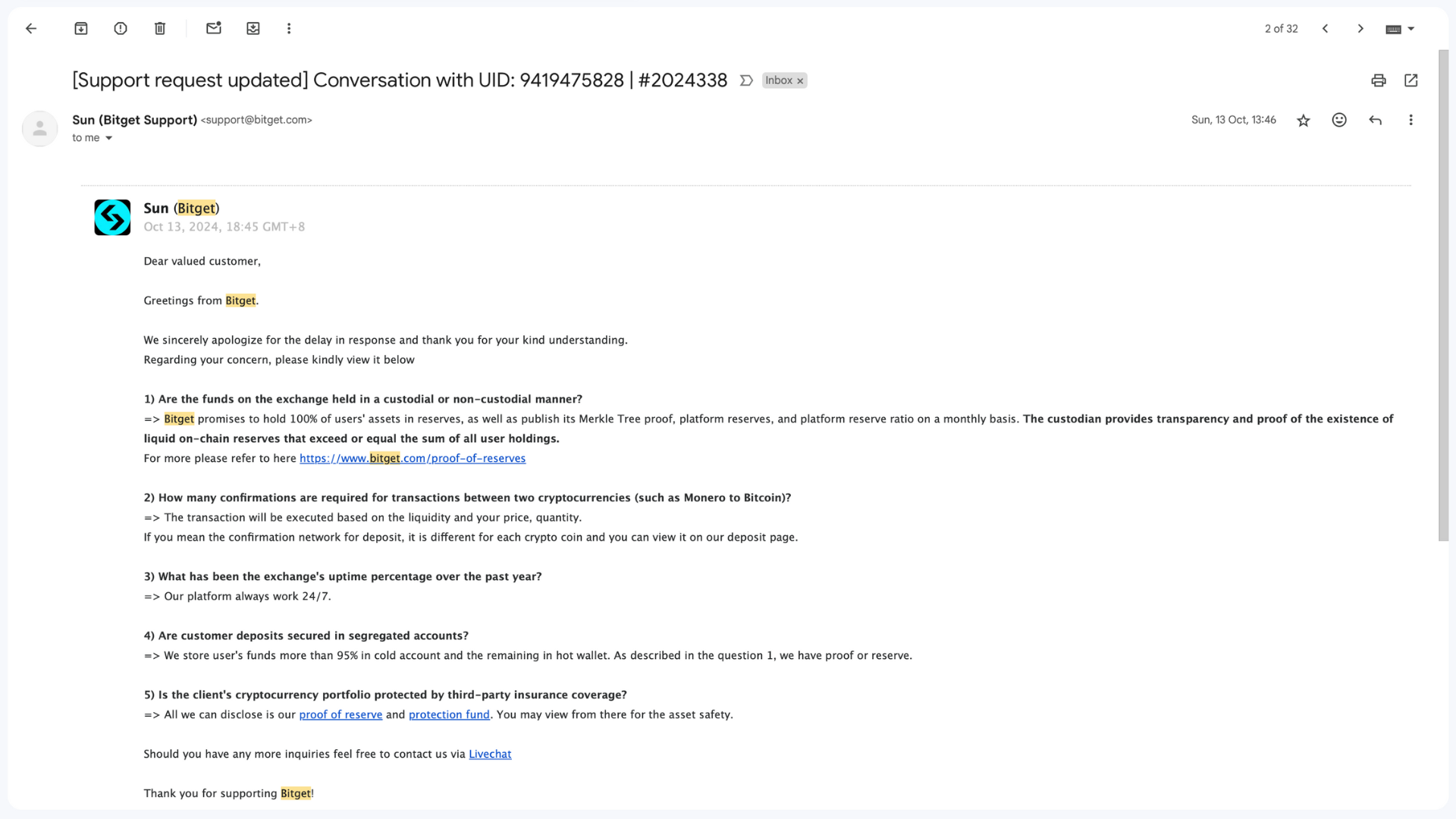 Bitget Customer Support Email Response