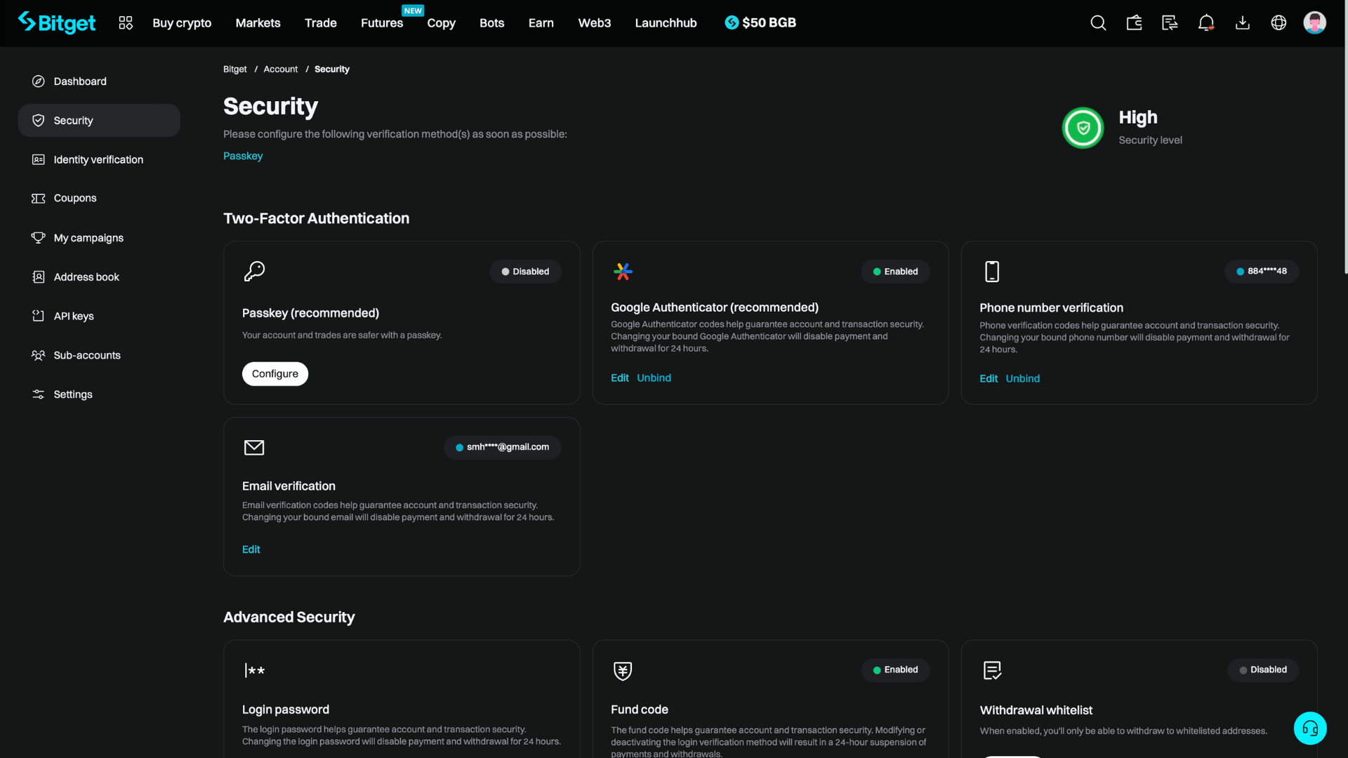 Configuraciones de seguridad en Bitget
