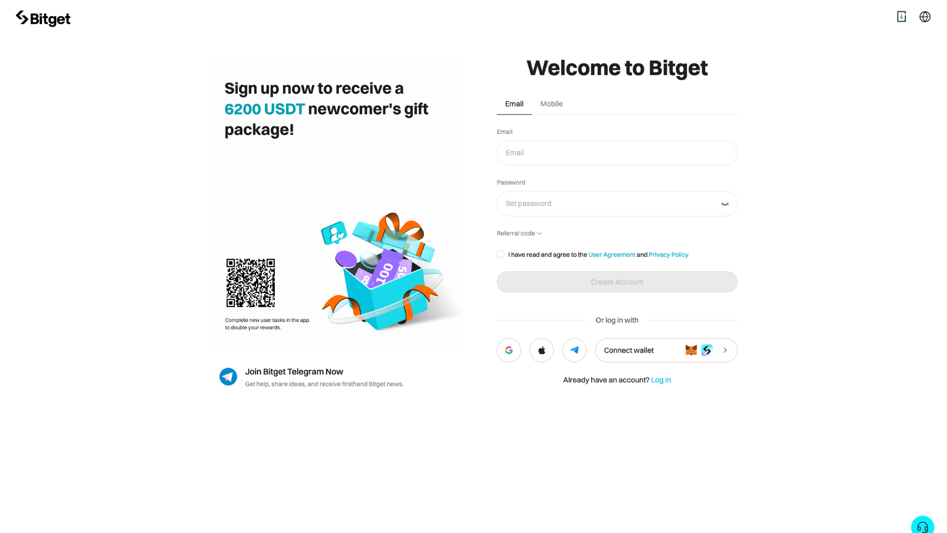Página de registro en Bitget