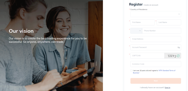 ATFX’s account registration form