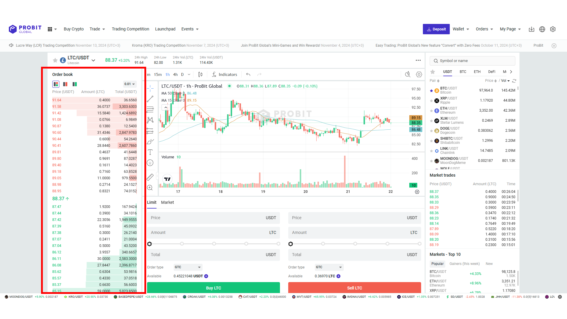 Un book degli ordini standard su ProBit Global