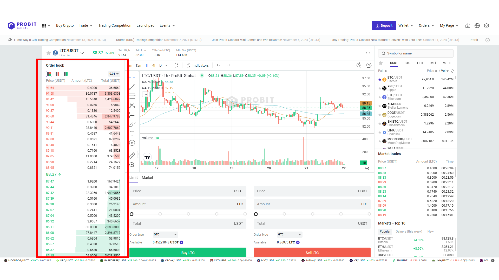 A standard Order Book on ProBit Global