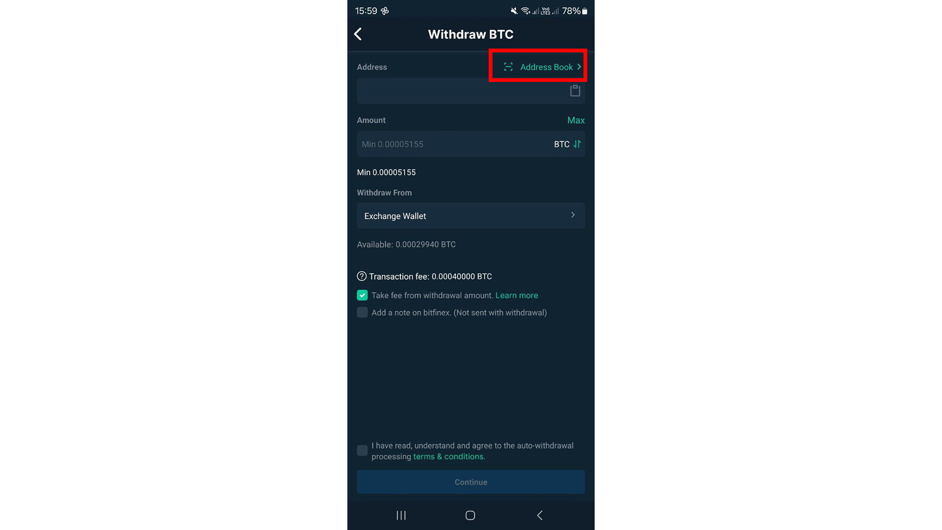 Rubrica degli indirizzi sull’app Bitfinex