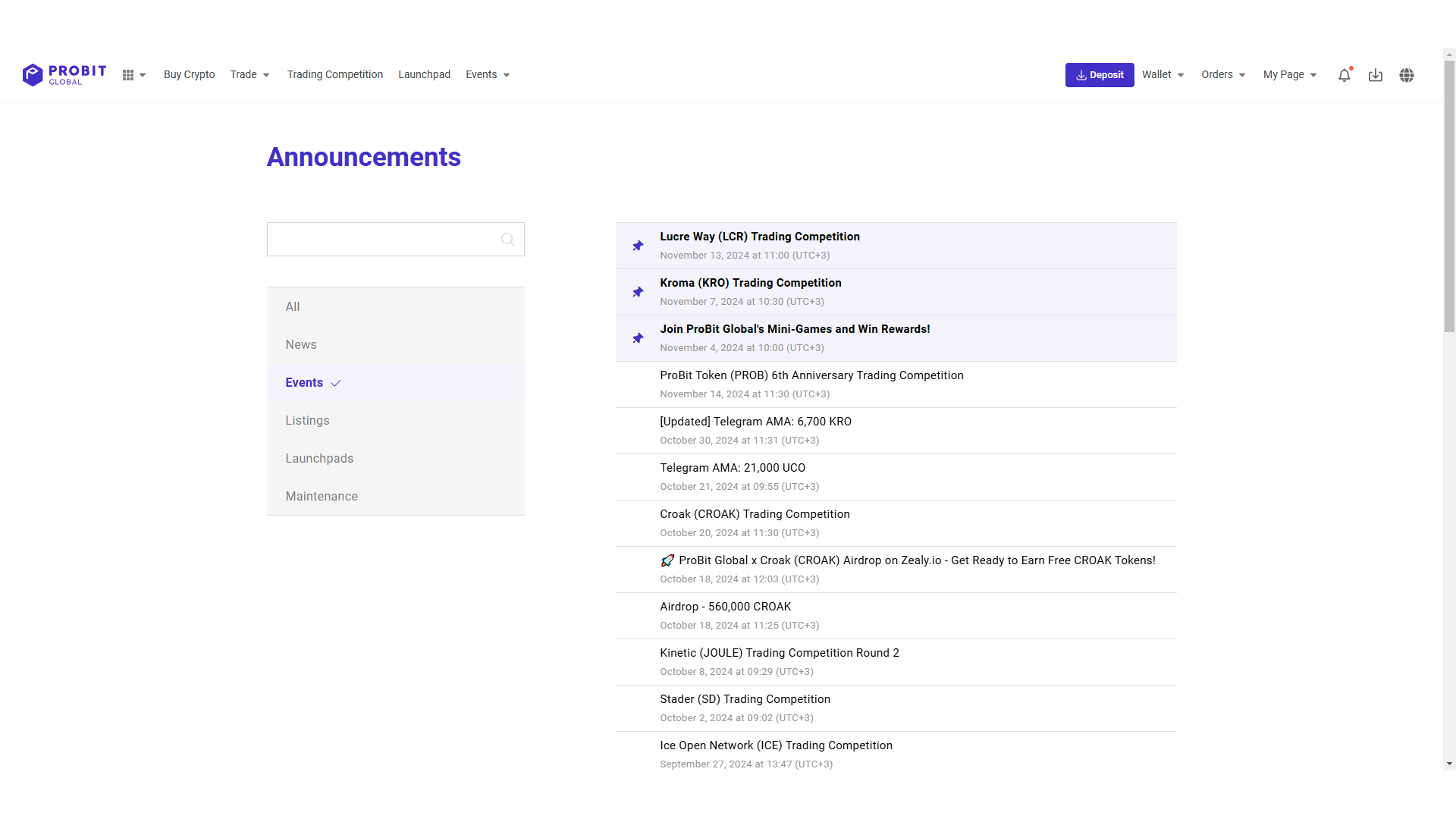 La pagina Announcements di ProBit Global