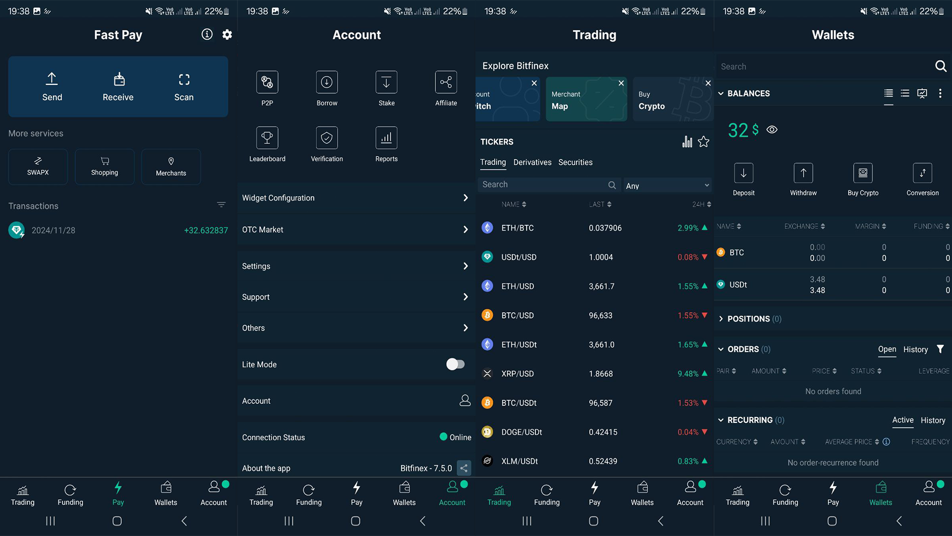 L’interfaccia dell’app mobile Bitfinex nella modalità Advanced