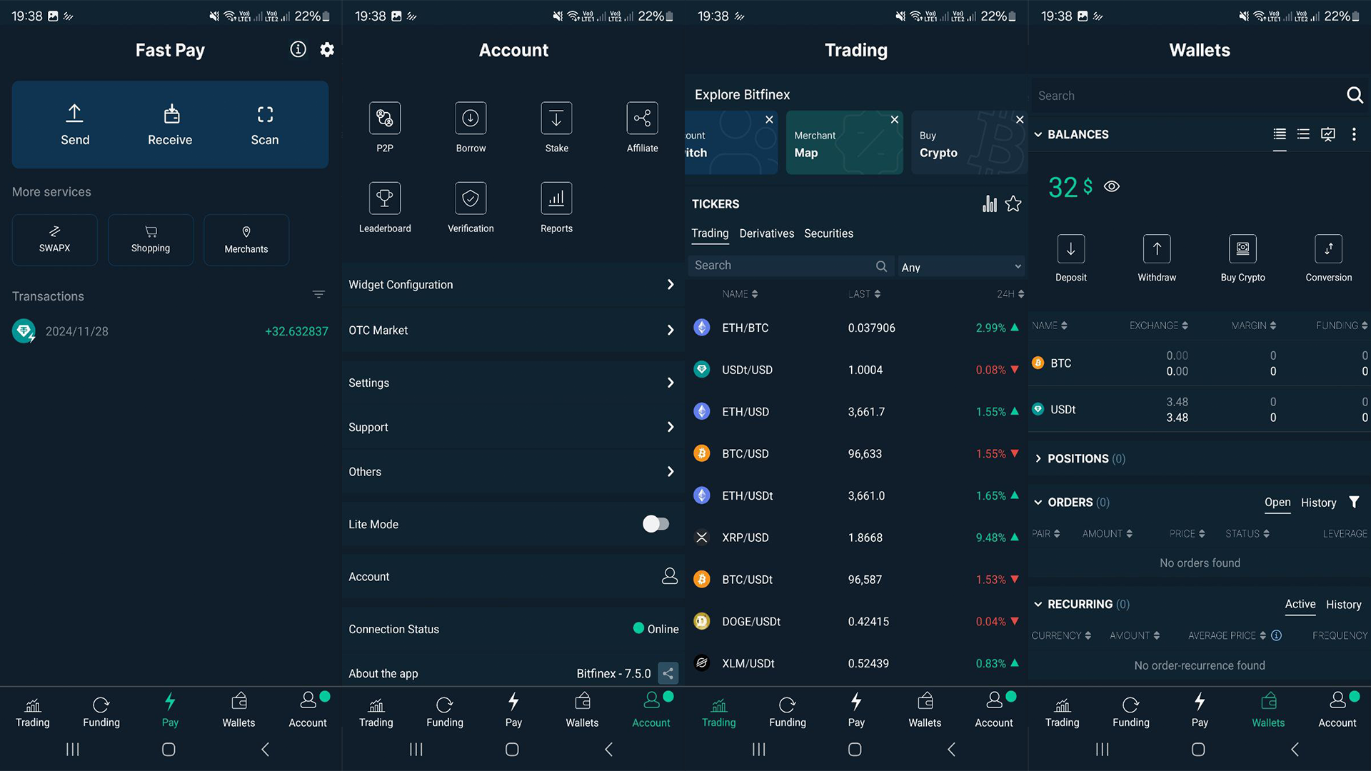 Bitfinex Mobile App interface in the Advanced mode