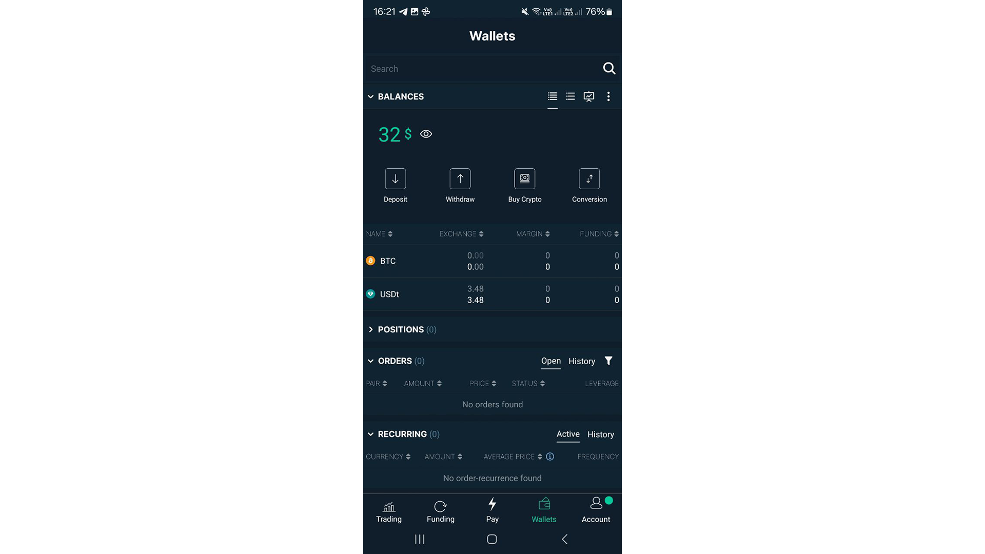 Bitfinex Mobile displays the overall balance in USD on top