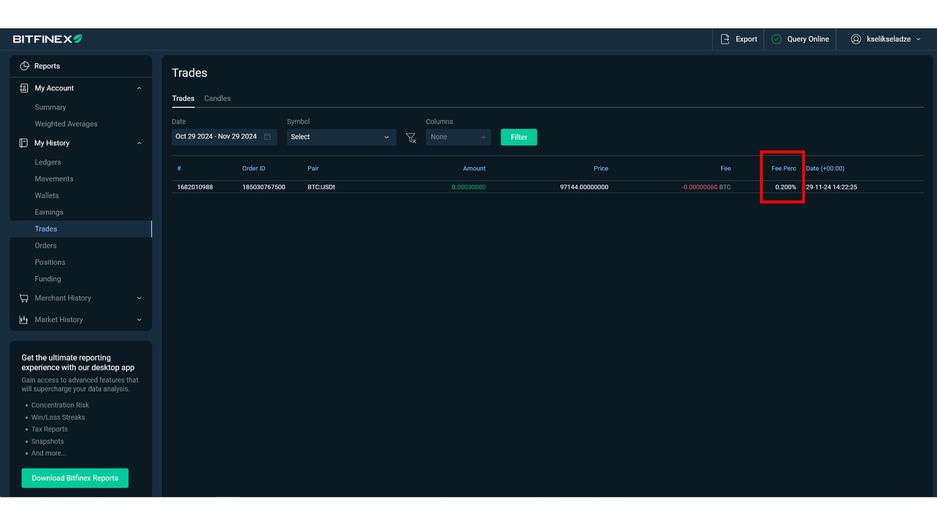 Bitfinex mostra chiaramente le commissioni della transazione per ogni ordine