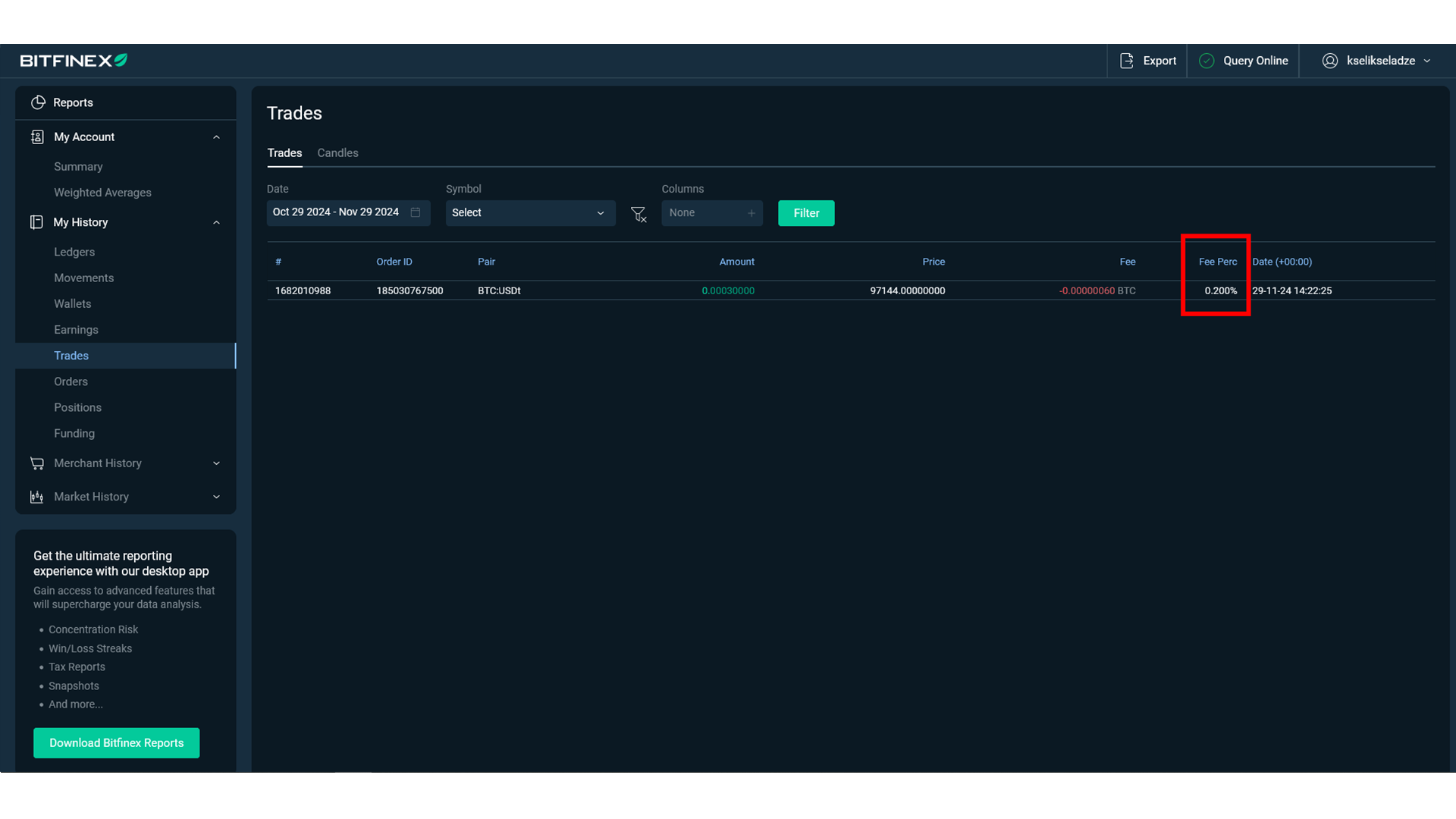 Bitfinex clearly displays transaction fees for every order