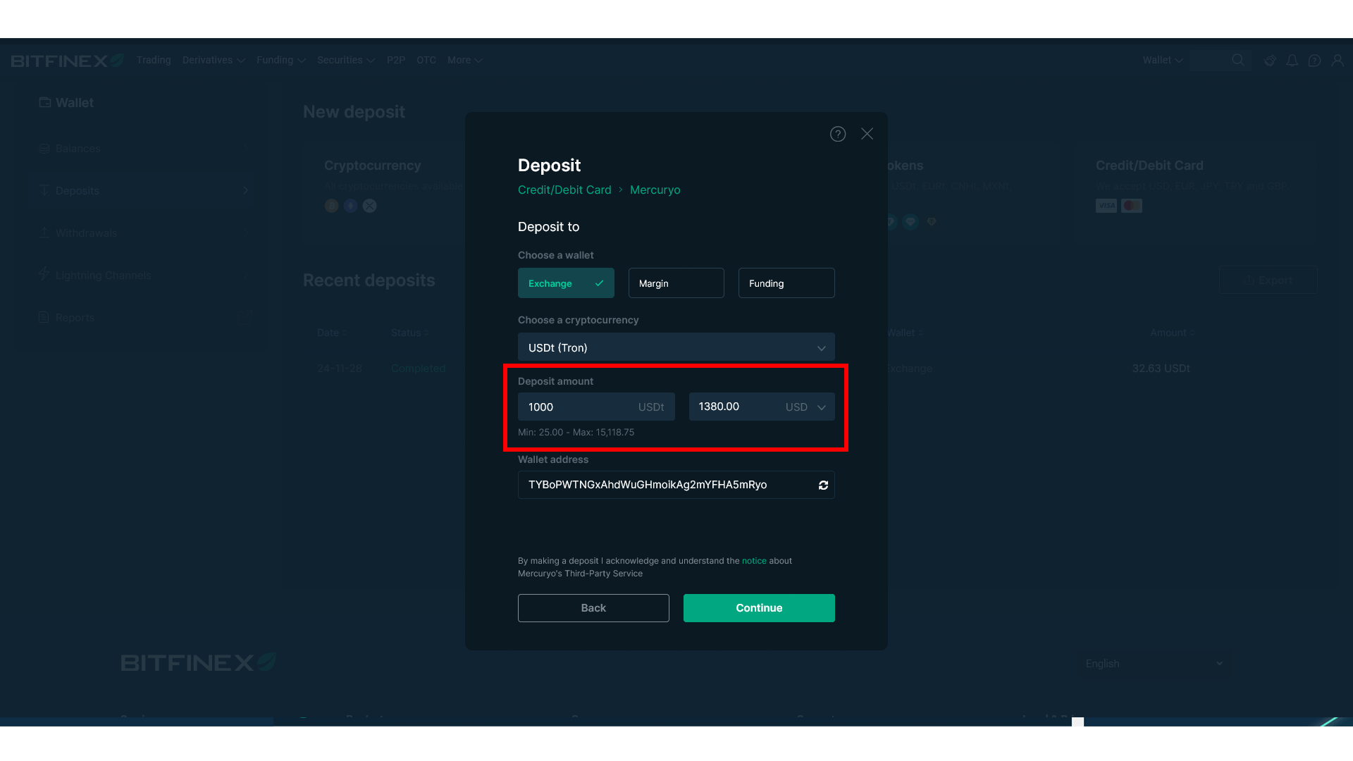 Bitfinex mostra una commissione fissa del 38% per qualsiasi importo acquistato tramite Mercuryo