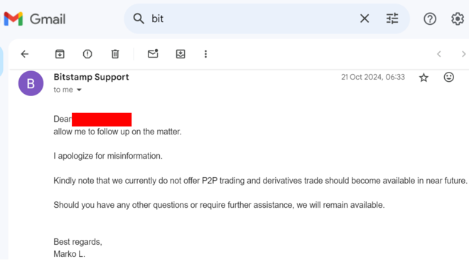 Bitstamp customer service response