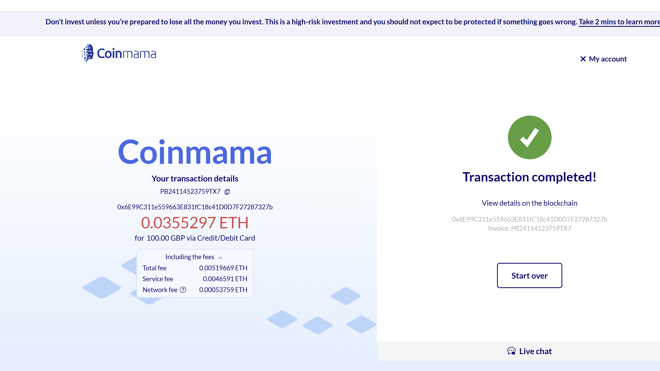 Listed fees and completed transactions.