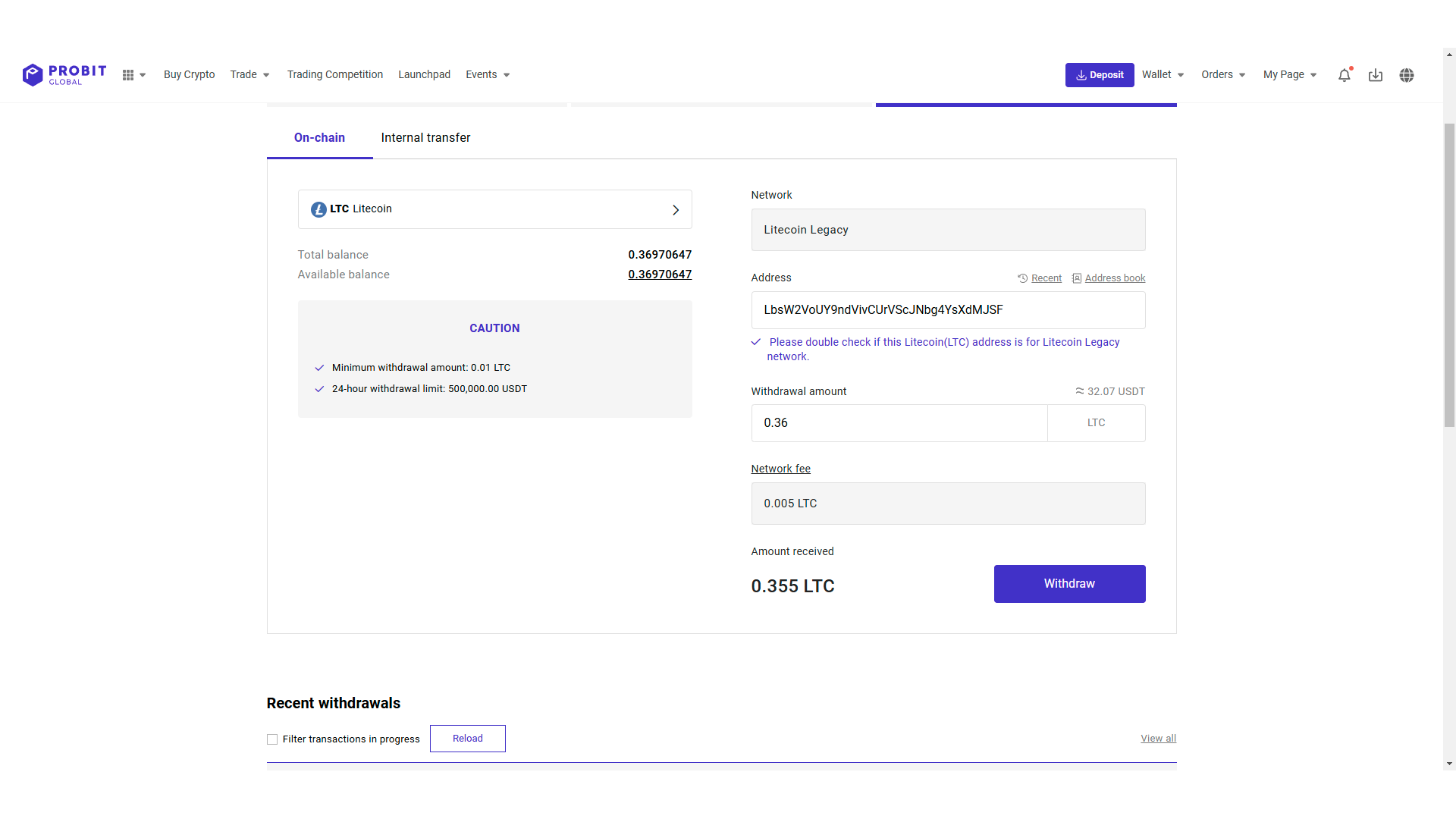 Procedura di prelievo crypto su ProBit Global