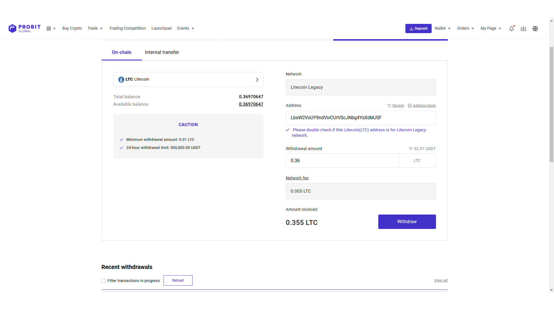 Crypto withdrawal process on ProBit Global