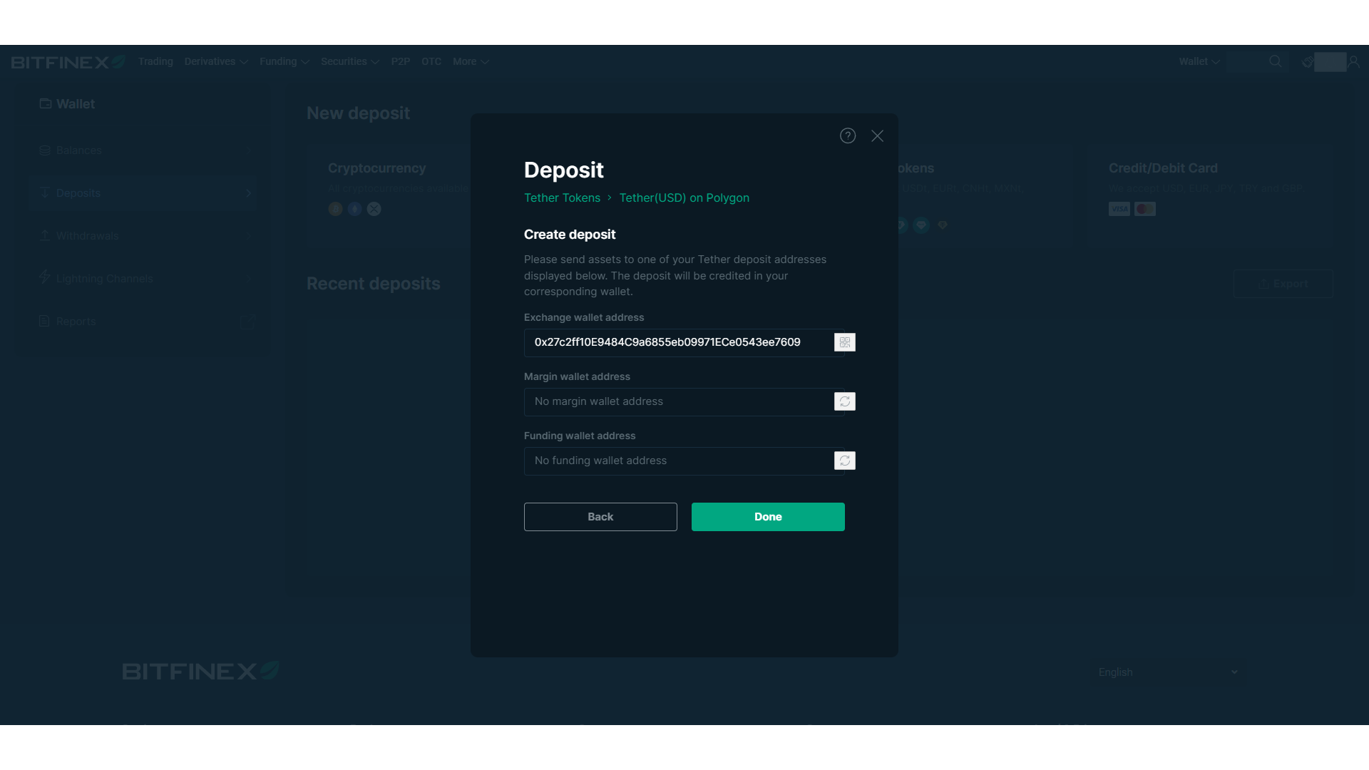 Generating a deposit address on Bitinex