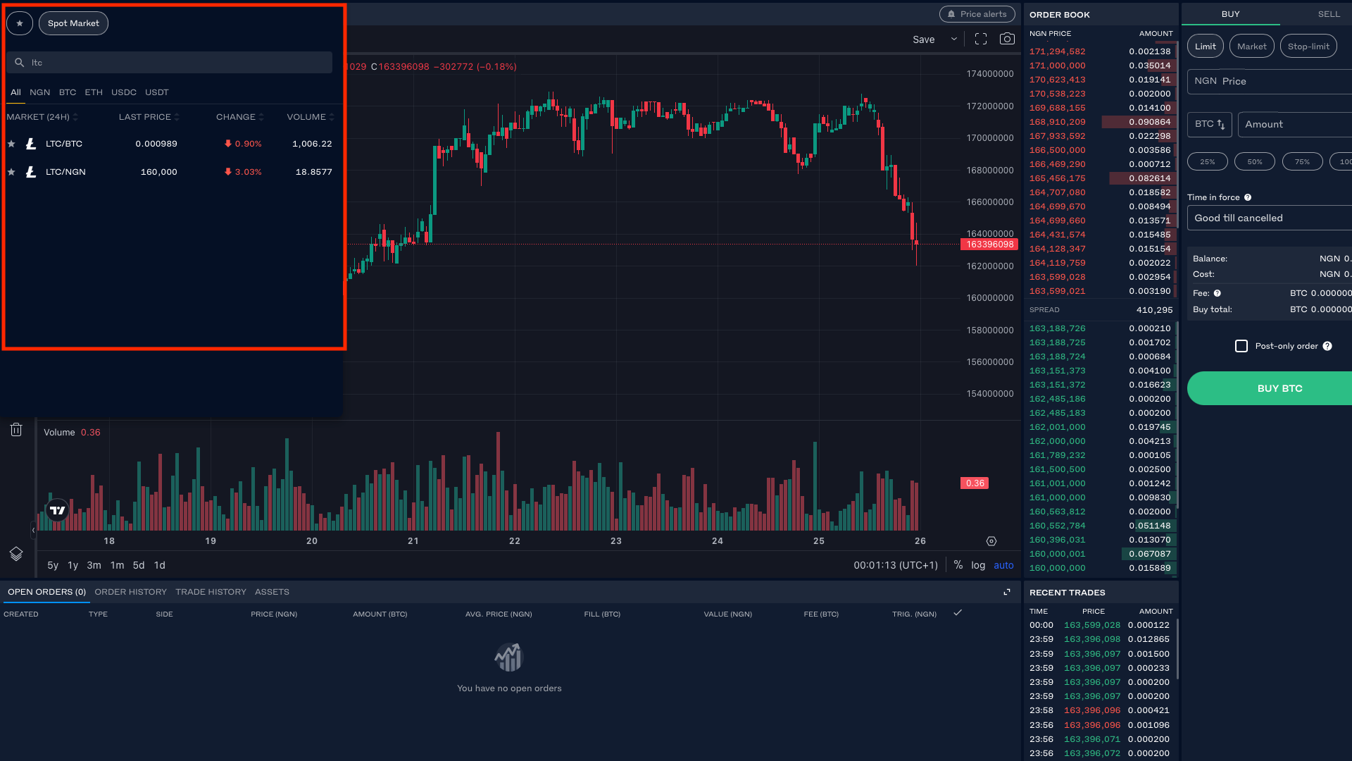 Interfaccia di selezione delle coppie di trading Litecoin
