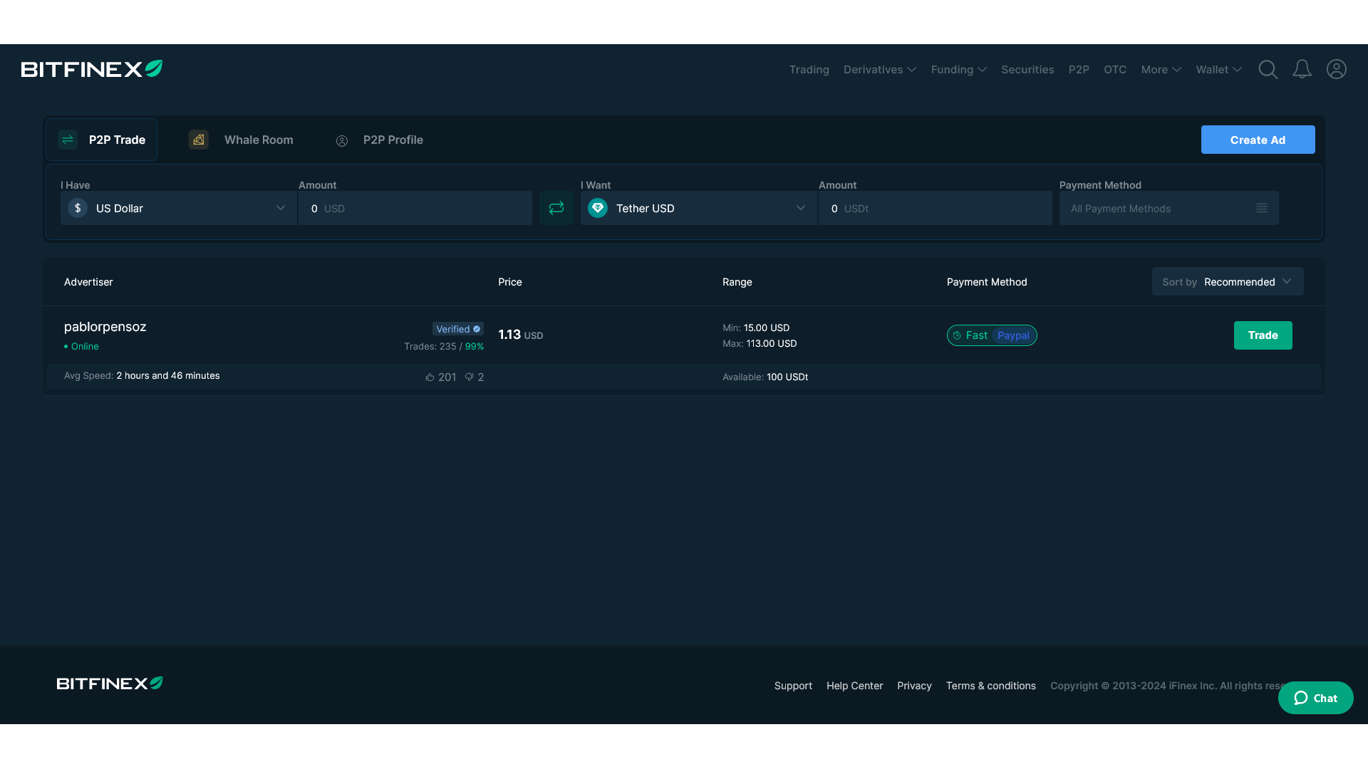 Servizio di trading P2P su Bitfinex
