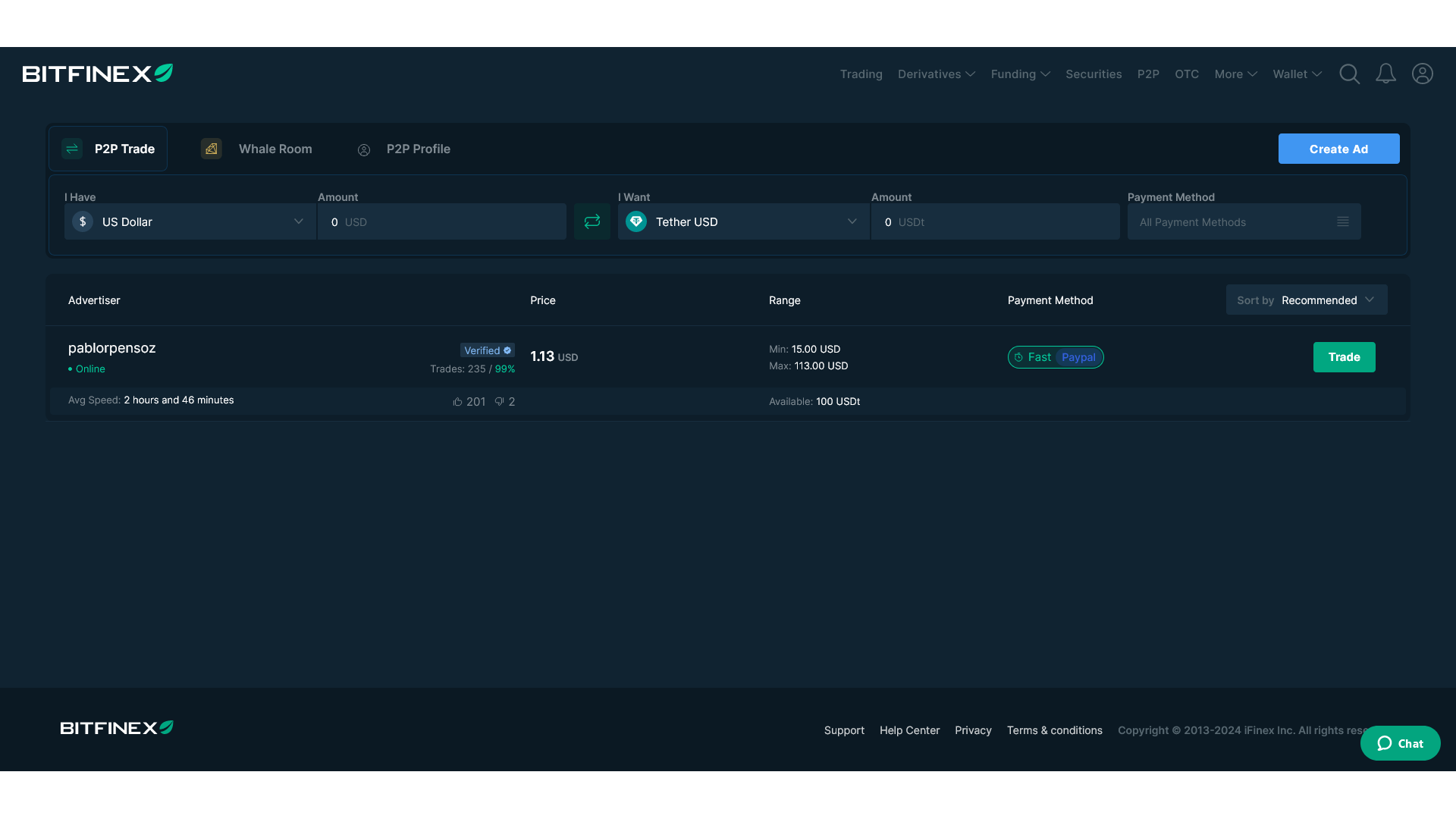 P2P trading service on Bitfinex