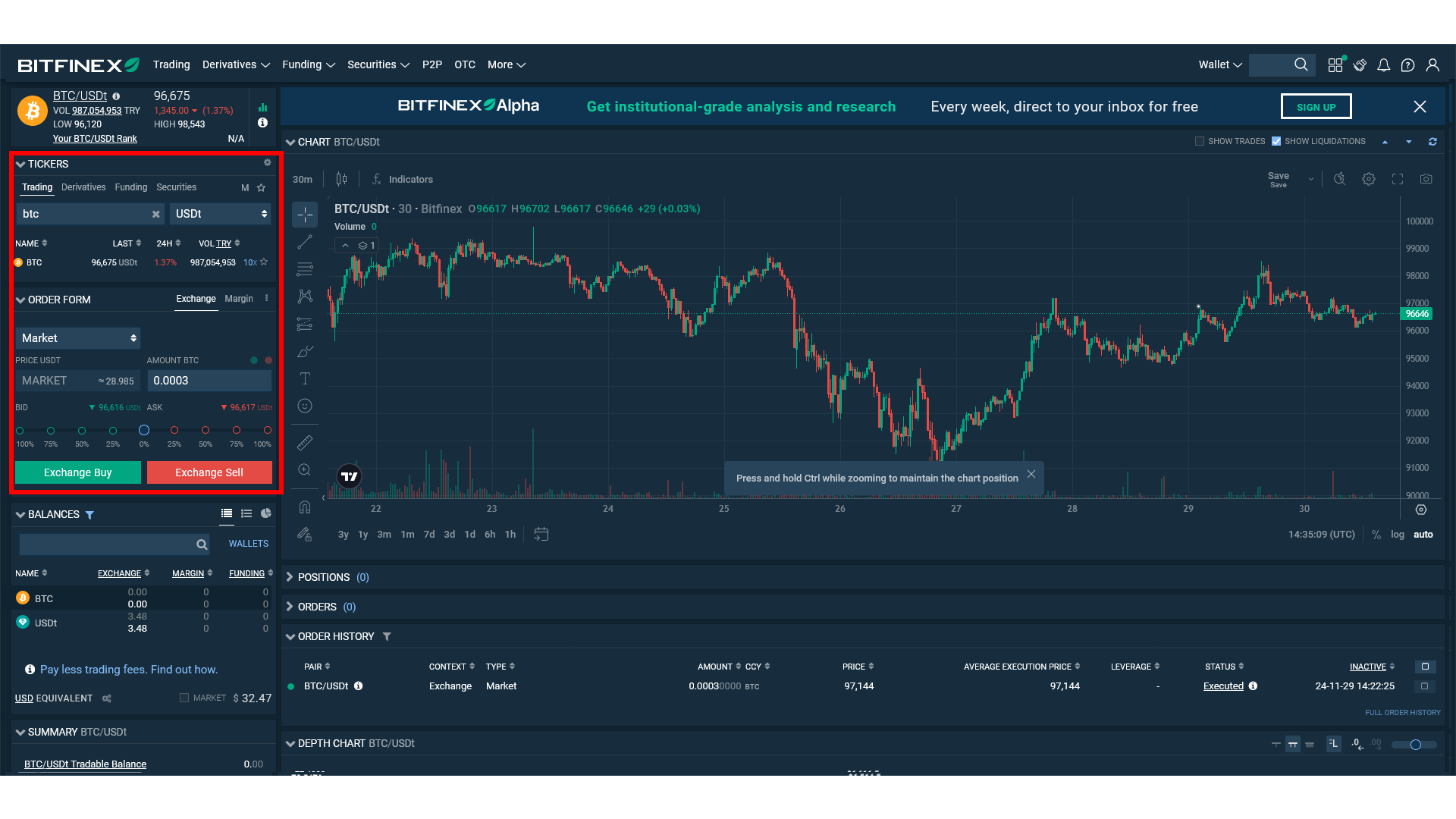 Placing an order at Bitfinex