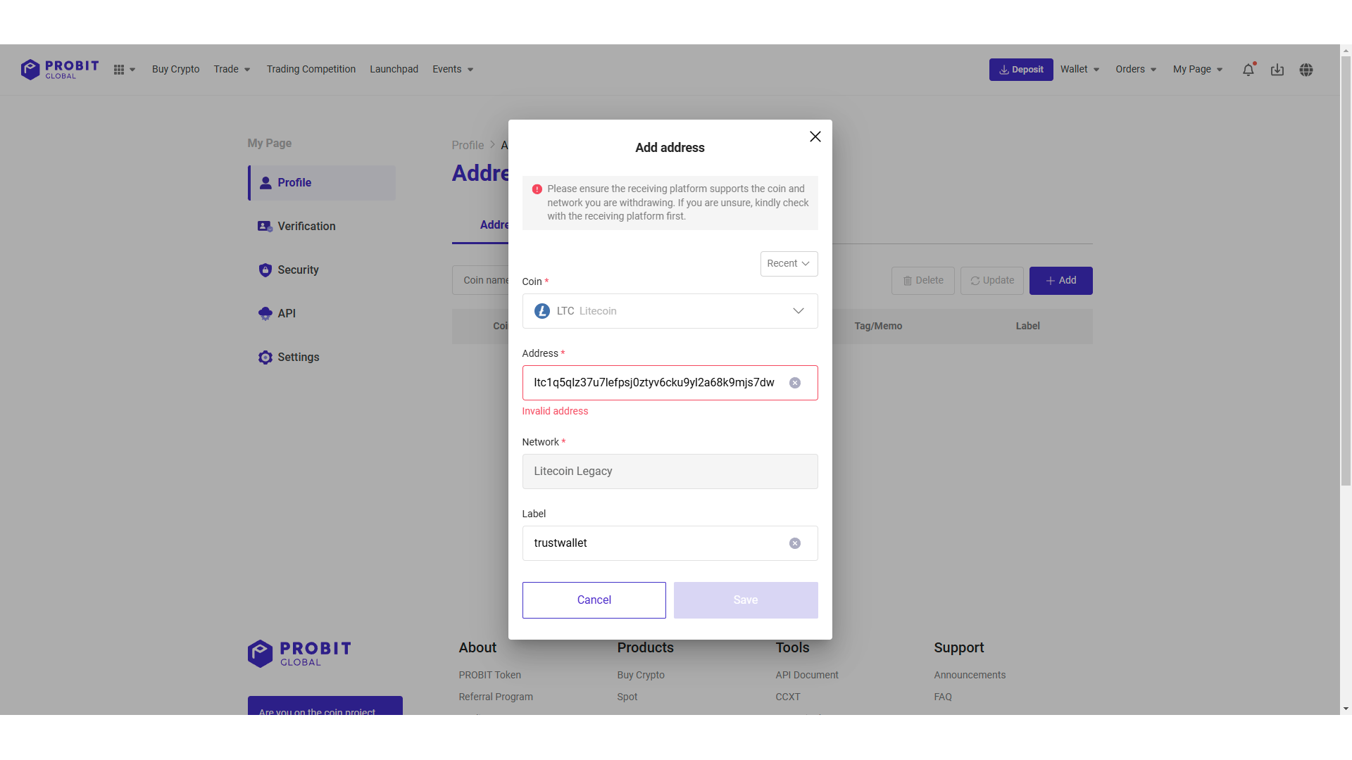 ProBit Global ha visualizzato un errore quando ho copiato e incollato il mio indirizzo TrustWallet