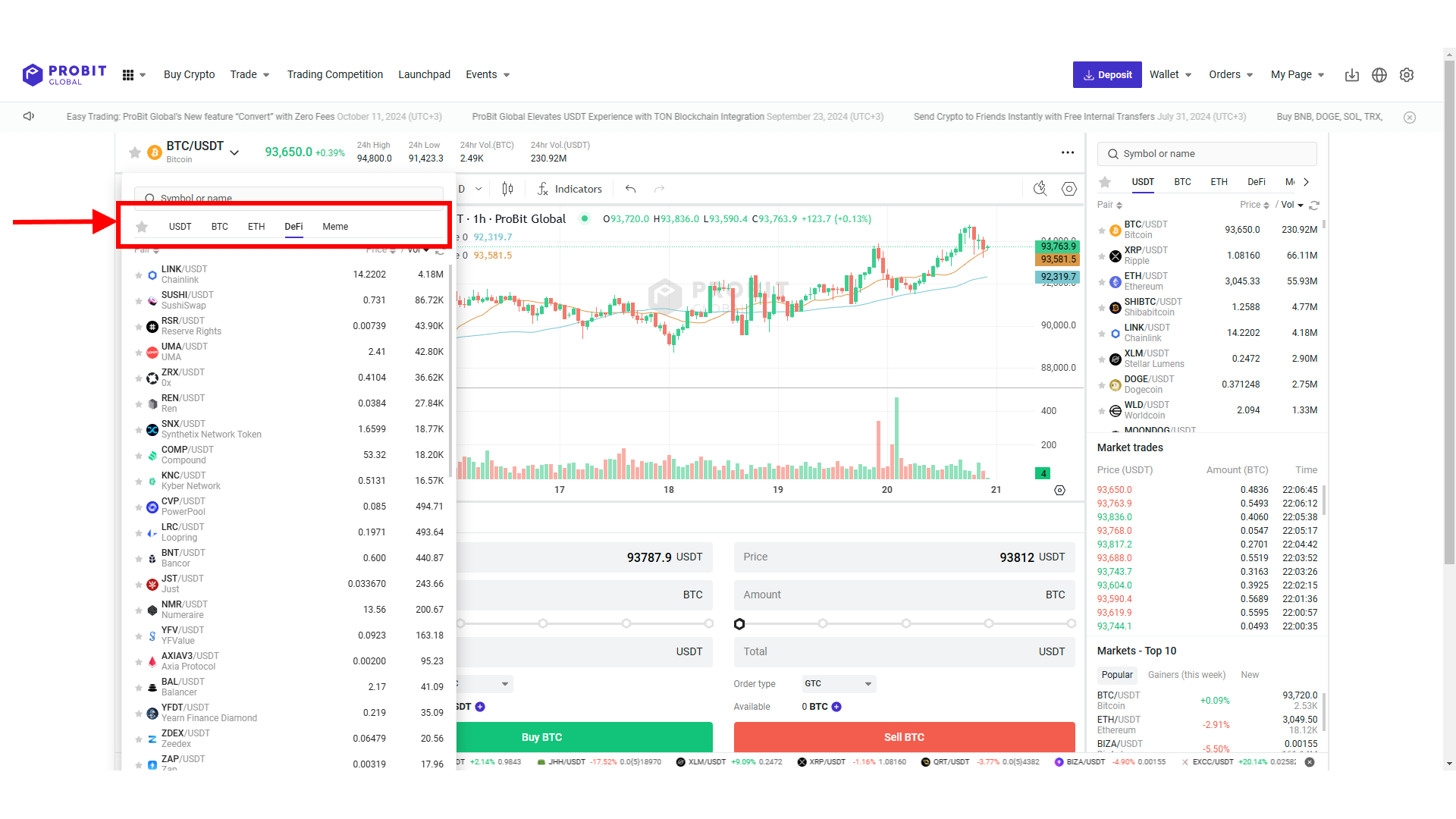 ProBit Global offre un comodo filtro per asset DeFi e memecoin
