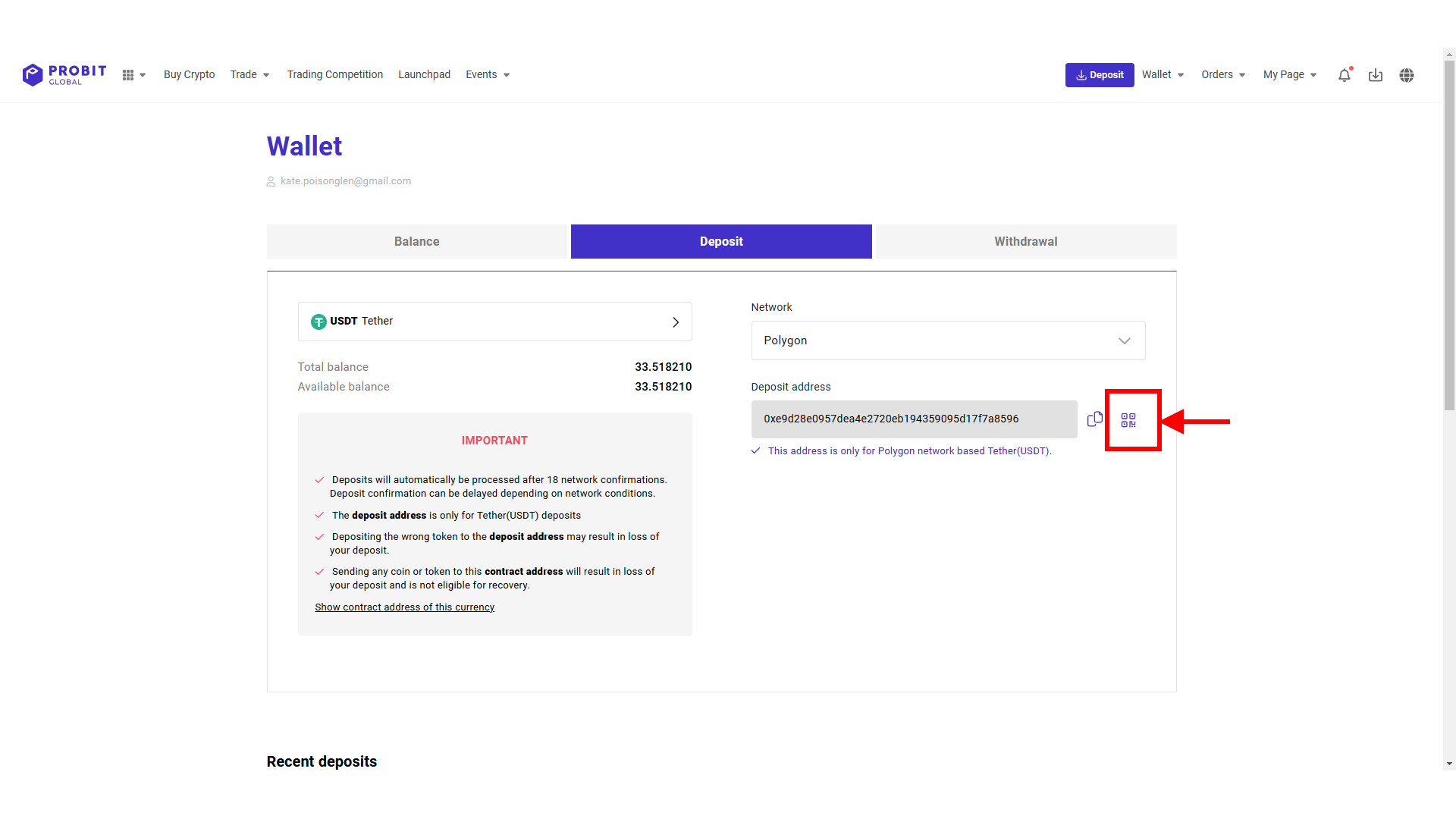 ProBit Global fornisce un codice QR per ogni indirizzo di deposito