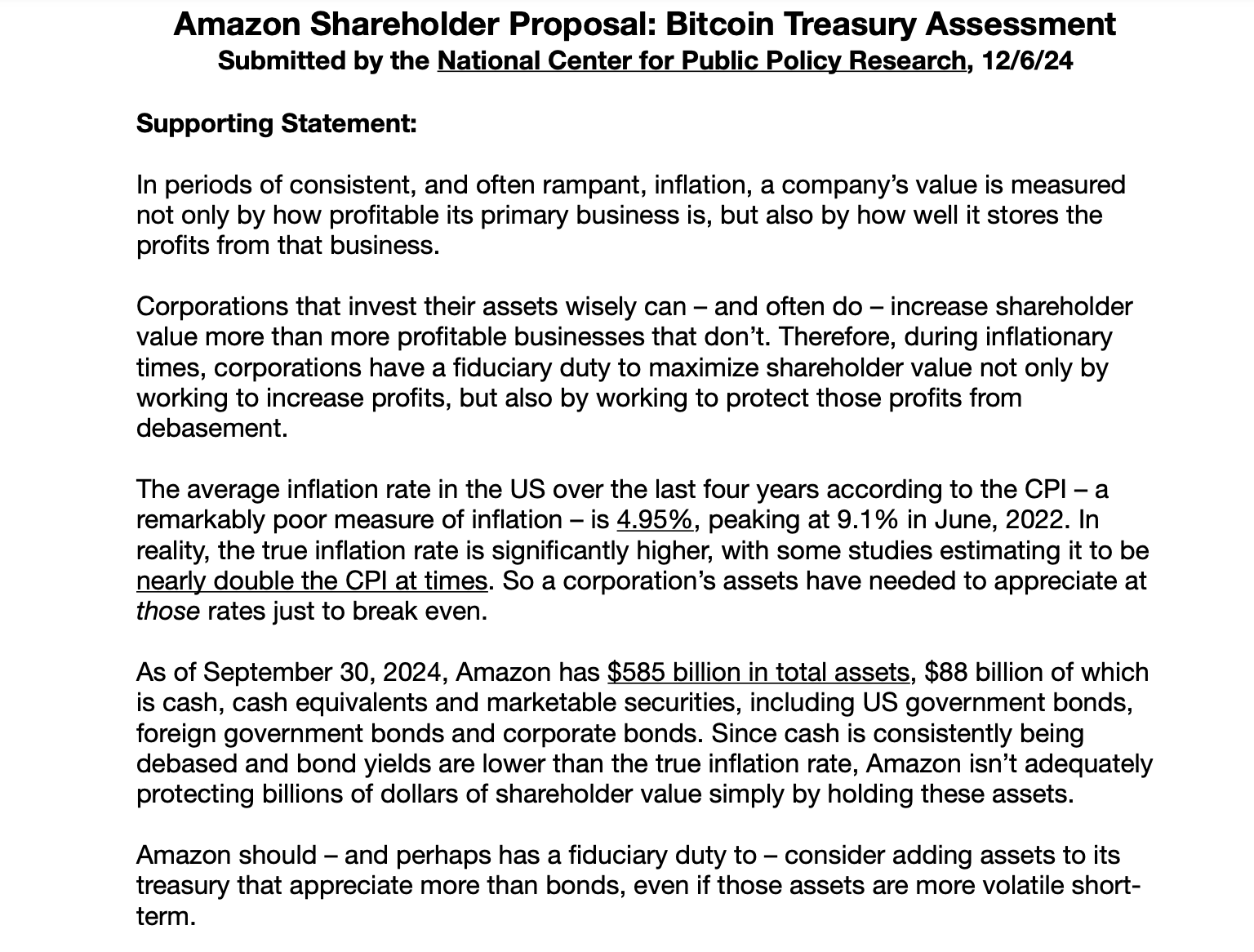 Amazon shareholders petition Board to buy Bitcoin. Source: National Center for Public Policy Research