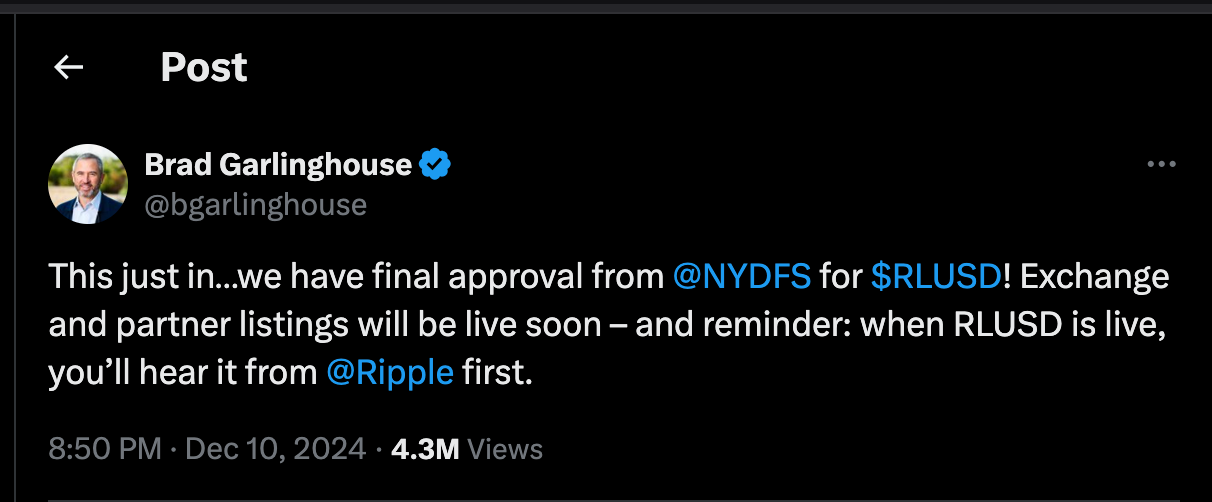 Ripple CEO Brad Garlighouse Announces RLUSD Stablecoin approval by NYDFS, Dec 10 | Source: X.com/BradGarlinghouse