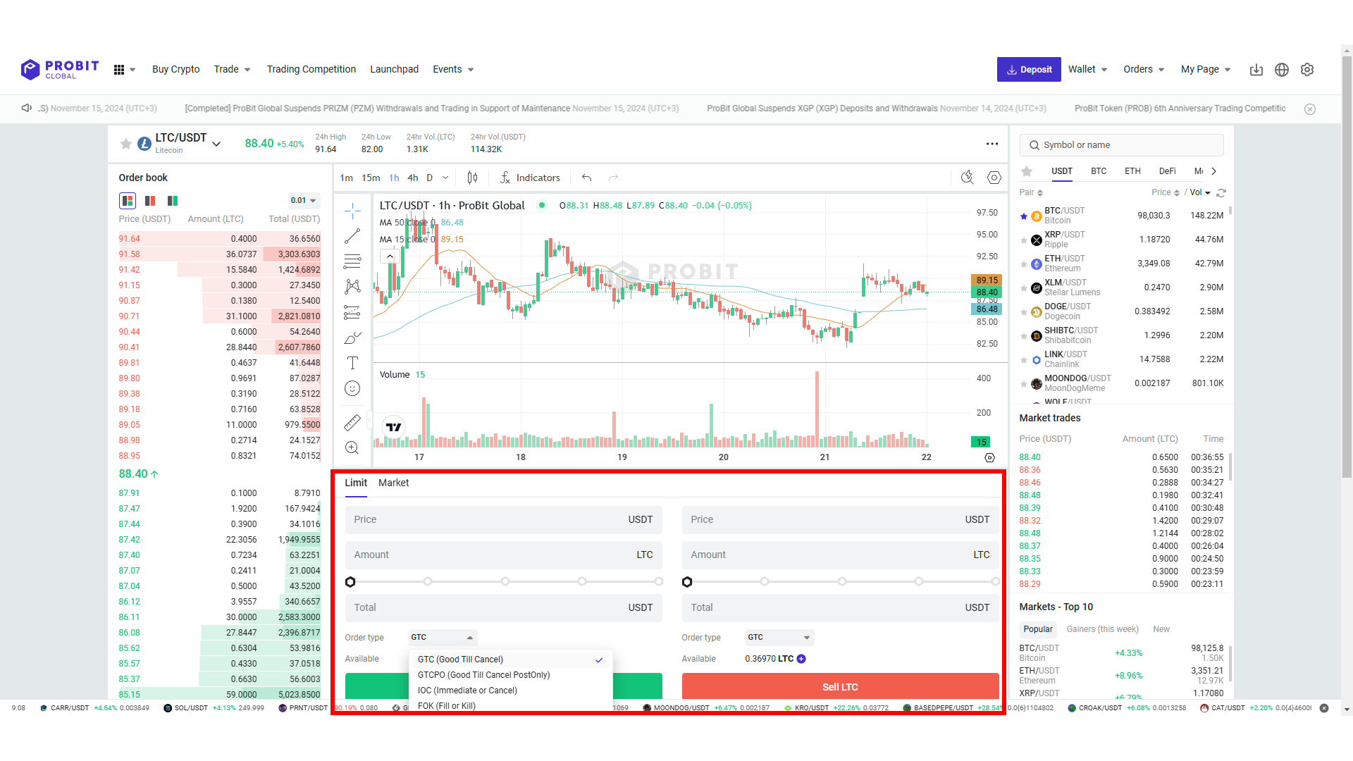 I tipi di ordine disponibili su ProBit Global