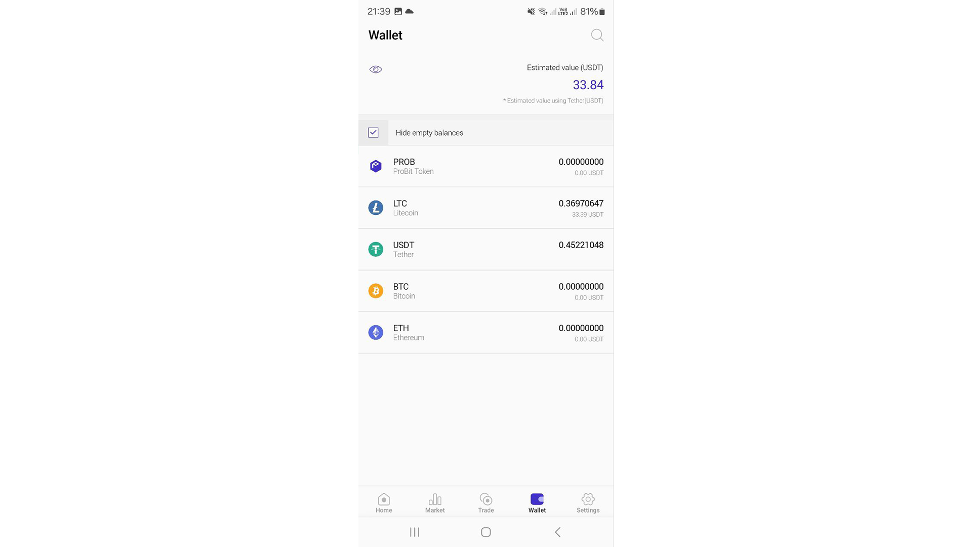 Il wallet ProBit Global Mobile mostra gli asset disponibili e più popolari