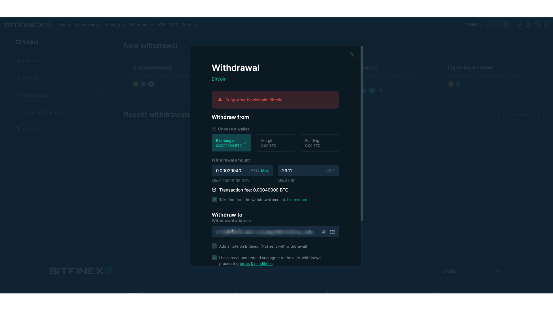 La procedura di prelievo su Bitfinex