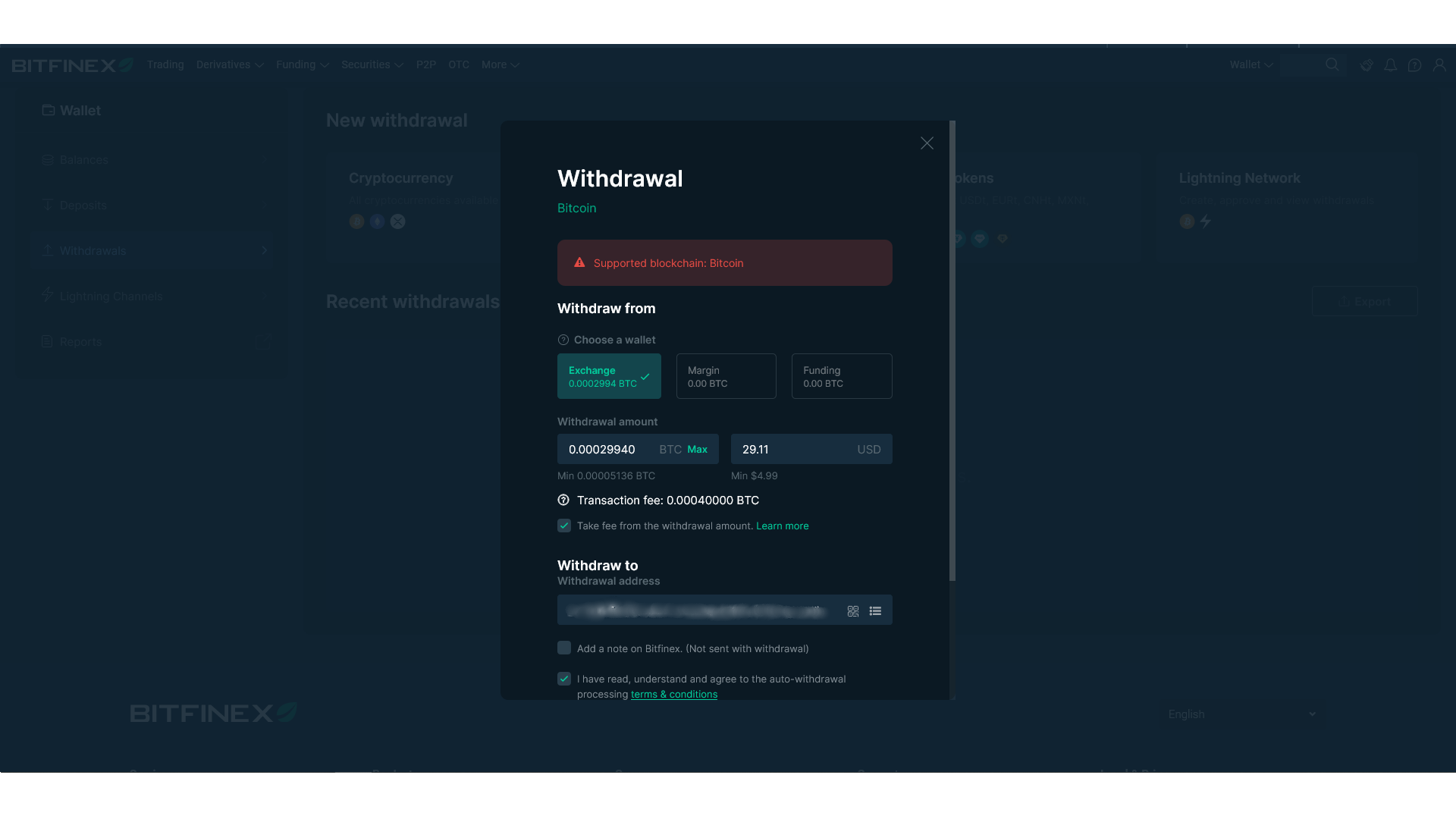 The withdrawal process at Bitfinex