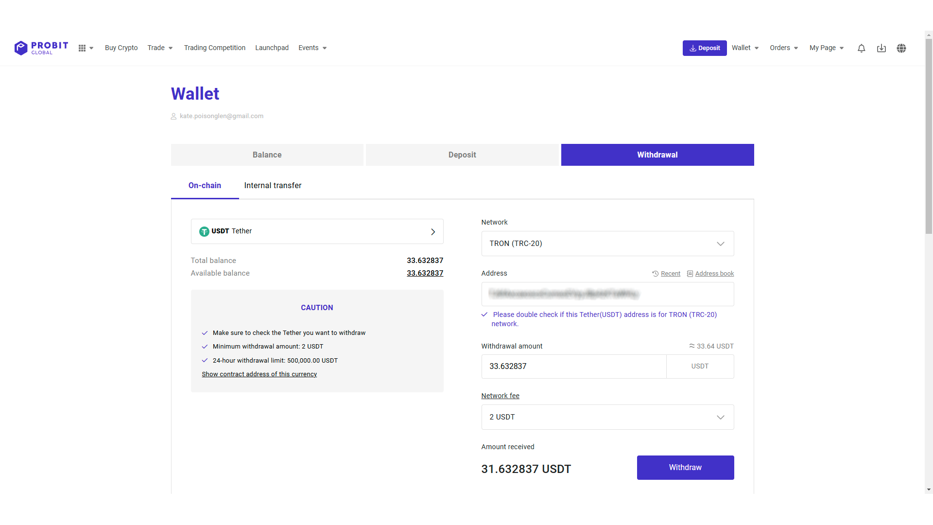 The withdrawal process at ProBit Global