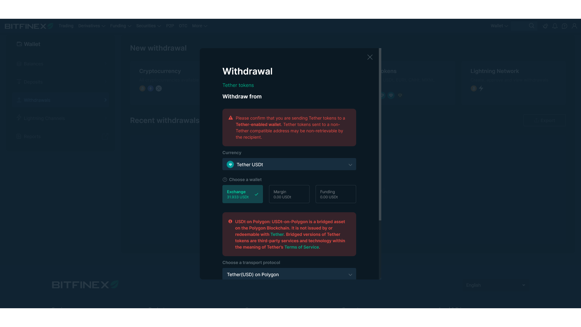 The withdrawal process on Bitfinex