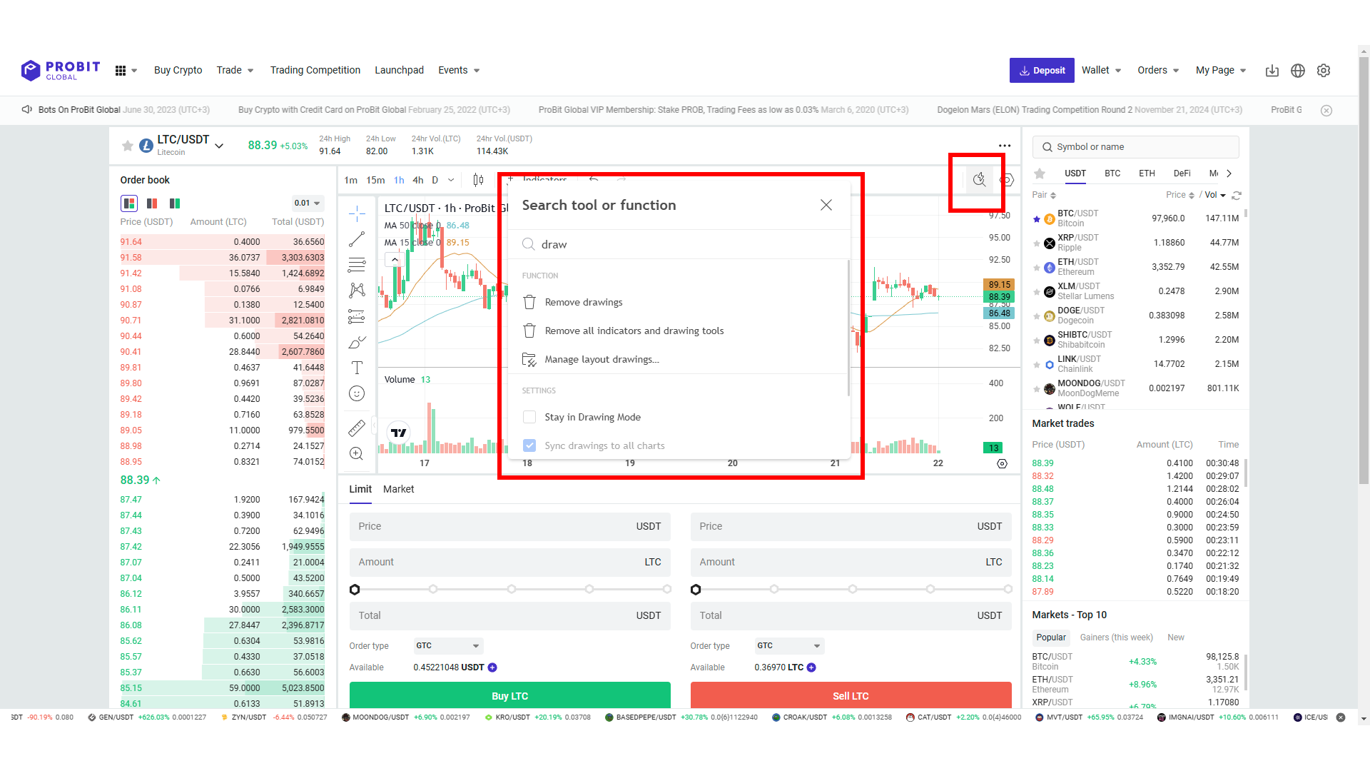 Trading Feature Search functionality on Probit Global