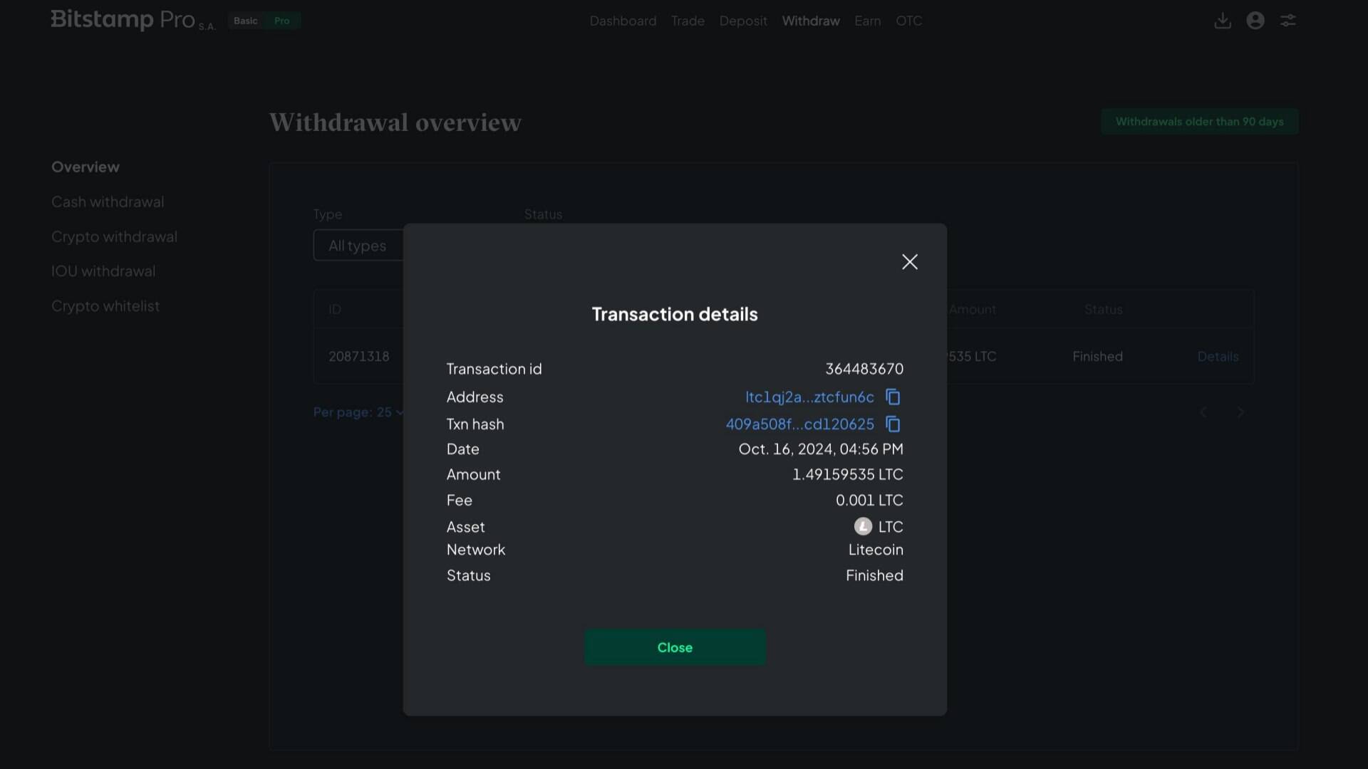 Bitstamp withdrawal details