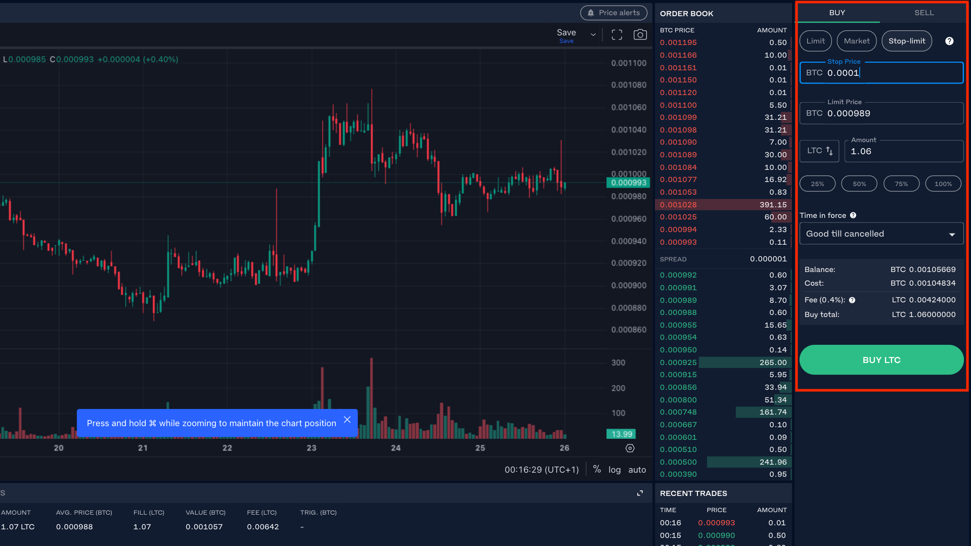 Conversione da BTC a LTC con uno stop loss stretto