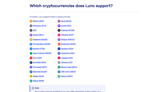 Cryptocurrencies available at Luno Exchange