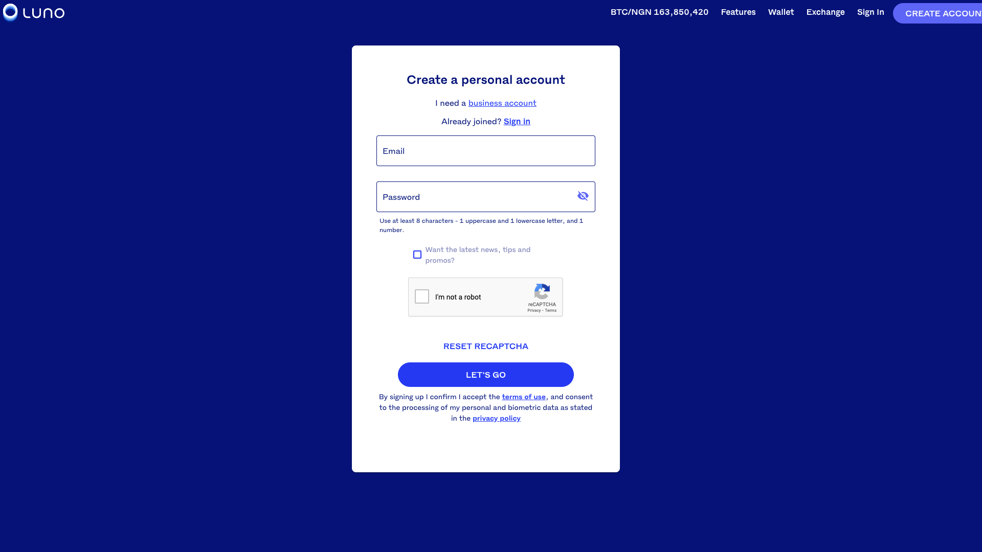 La pagina di registrazione sull’exchange Luno