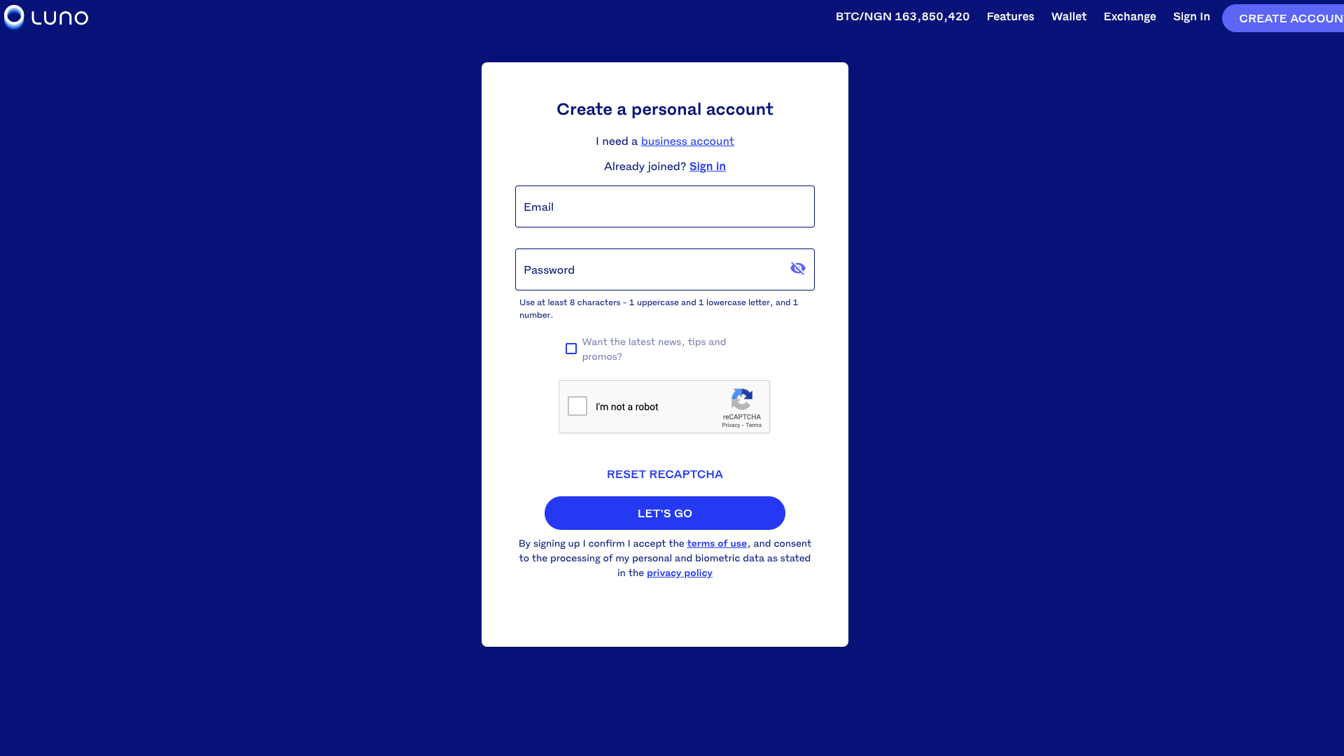 The signup page on Luno's Exchange