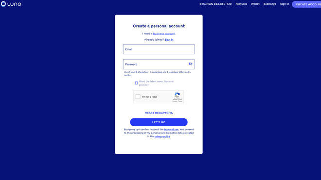 The signup page on Luno's Exchange