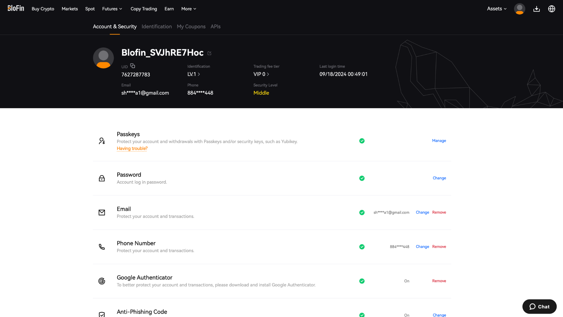 BloFin Account Security Settings