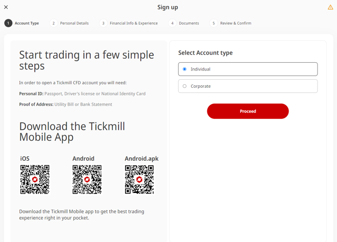 Tickmill’s account registration form