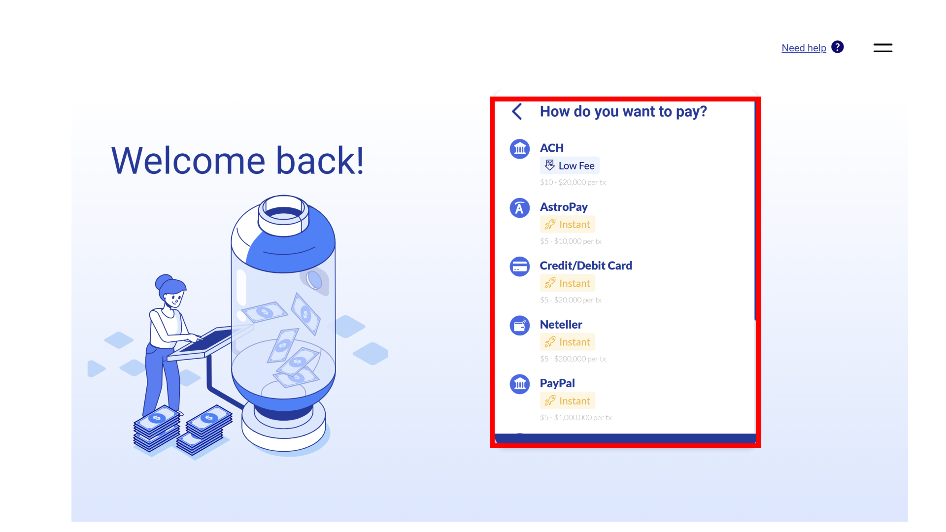 Per ogni valuta fiat supportata, Coinmama include un elenco diverso di opzioni di pagamento