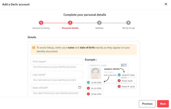 Deriv’s account registration form