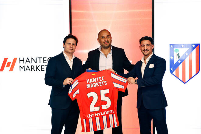 Left to right: Óscar Mayo (Chief Operating Officer of Atlético de Madrid), Raj Naik (Global Head of Marketing at Hantec Markets), Norayr Djerrahian (Chief Strategy Officer at Hantec Markets). FX Empire