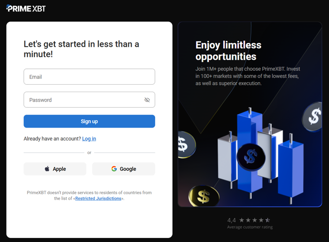 PrimeXBT’s account registration form